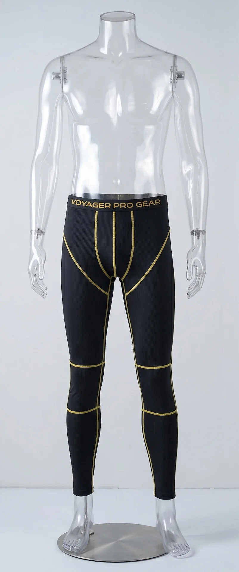Voyager Pro Comfort Tight — front view of the long-length base layer, clearly showing the VOYAGER PRO GEAR gold elastic waistband at the top, with the full-length leggings below